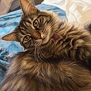 Fluffy joined the competition — help win amazing prizes! animal, bed, blanket, cat, collar, cozy, curious, cute, domestic, feline, fluffy, fur, indoor, pet, portrait, relaxing, soft, tabby, whiskers, yellow_eyes