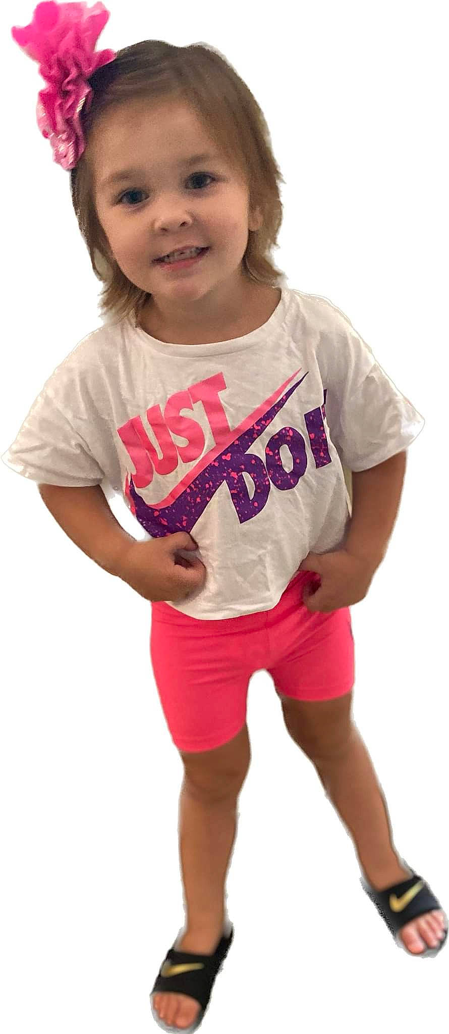 Oaklyn is registered to the contest to win money with this photo: active_shirt, active_shorts, baby_toddler_clothing, child, clothing, electric_blue, gesture, happy, jersey, joy, knee, magenta, person, pink, sleeve, smile, sportswear, t_shirt, thigh, toddler