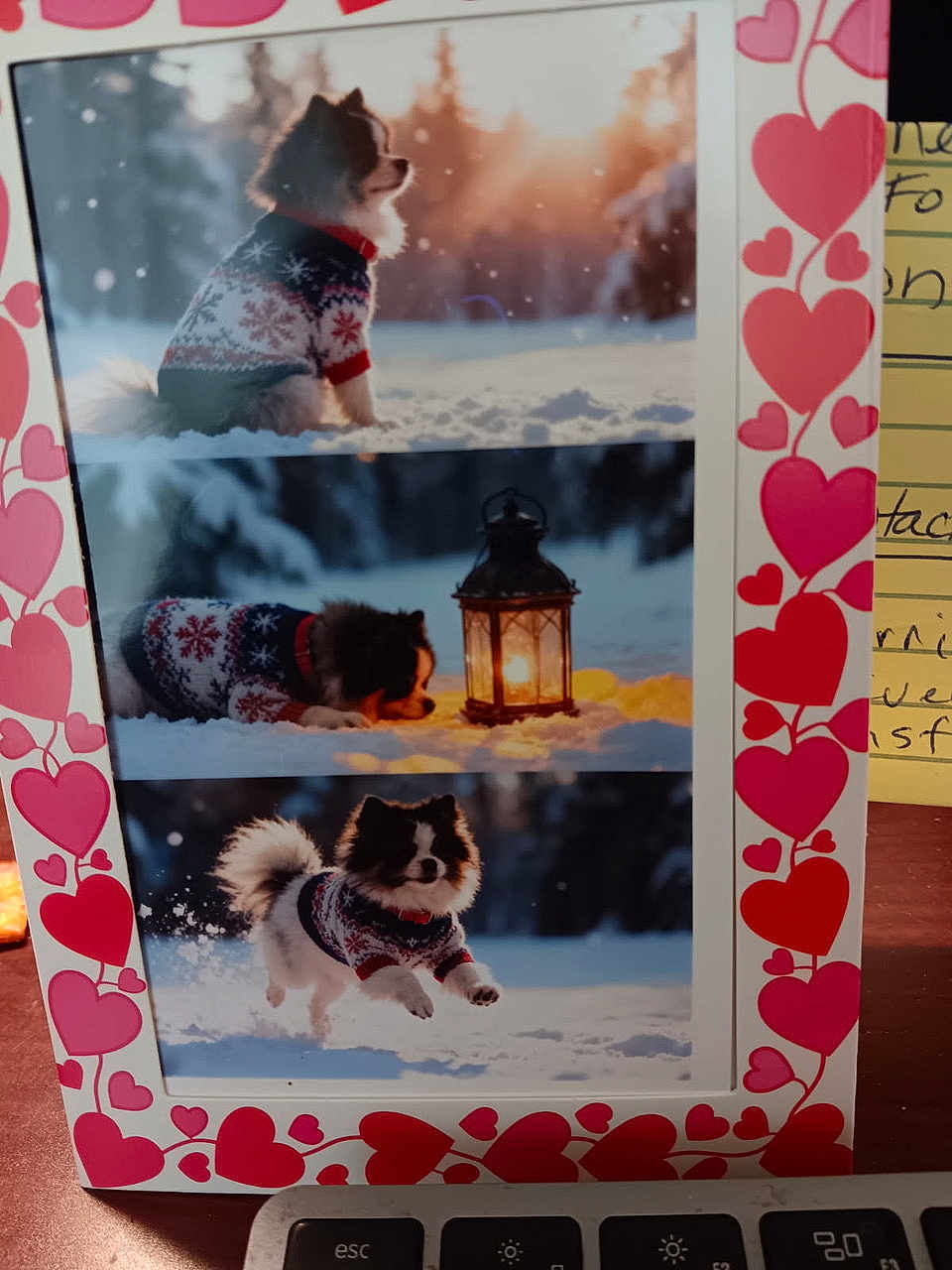 Bourbon joined the competition — help win amazing prizes! dog, snow, winter, sweater, lantern, outdoor, pet, playing, sunset, cute, collage, frame, hearts, animal, fur, holiday, festive, nature, joyful, leaping