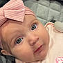 Luna joined the competition — help win amazing prizes! baby, infant, face, headband, bow, pink, eyes, clothing, cute, portrait, child, newborn, soft, laying, closeup, expression, adorable, skin, cute_outfit, quilted_background