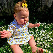 Amealia joined the competition — help win amazing prizes! baby, barefoot, child, cute, daisy, dress, exploring, flower, garden, grass, greenery, happy, infant, nature, outdoor, portrait, sitting, summer, sunlight, yellow_bow