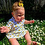 baby, barefoot, child, cute, daisy, dress, exploring, flower, garden, grass, greenery, happy, infant, nature, outdoor, portrait, sitting, summer, sunlight, yellow_bow