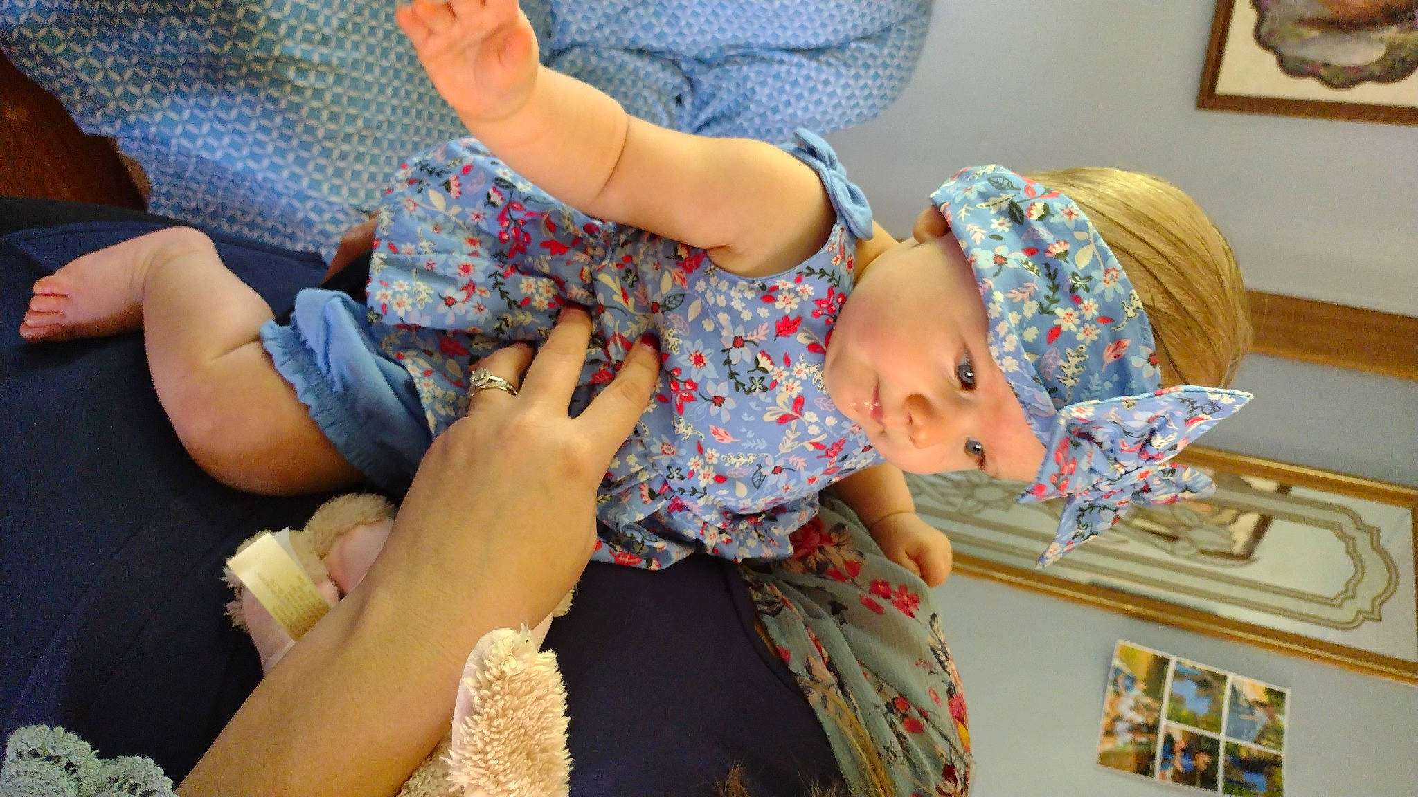 Kaydence joined the competition — help win amazing prizes! baby, baby_toddler_clothing, child, comfort, finger, fun, gesture, hand, happy, headwear, human_leg, joint, knee, nail, pattern, person, picture_frame, sitting, textile, thigh