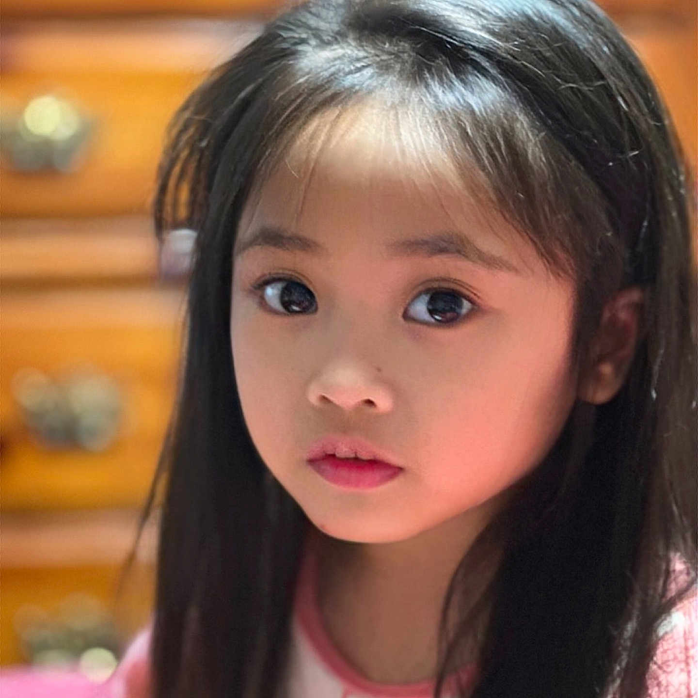 Alyna Bristol is registered to the contest to win money with this photo: black_hair, blurred_background, child, close-up, curious, drawer, expression, eyes, face, girl, hair, indoors, innocent, long_hair, person, pink_clothing, portrait, soft_lighting, warm_colors, young