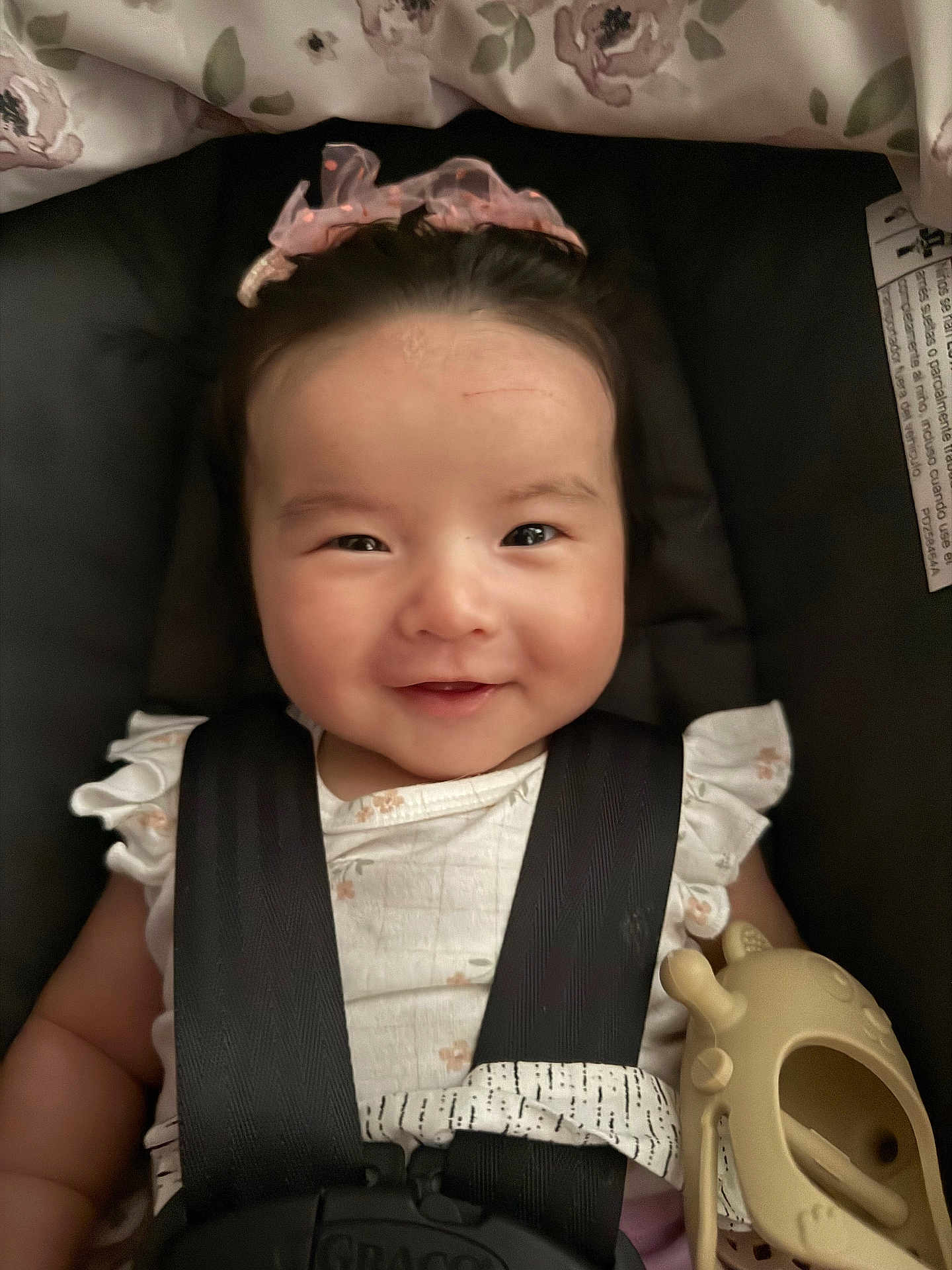 Arely joined the competition — help win amazing prizes! baby, child, smiling, car_seat, safety_harness, headband, toy, teether, infant, cute, face, clothing, seat_belt, portrait, indoor, baby_girl, happy, closeup, childhood, baby_toy