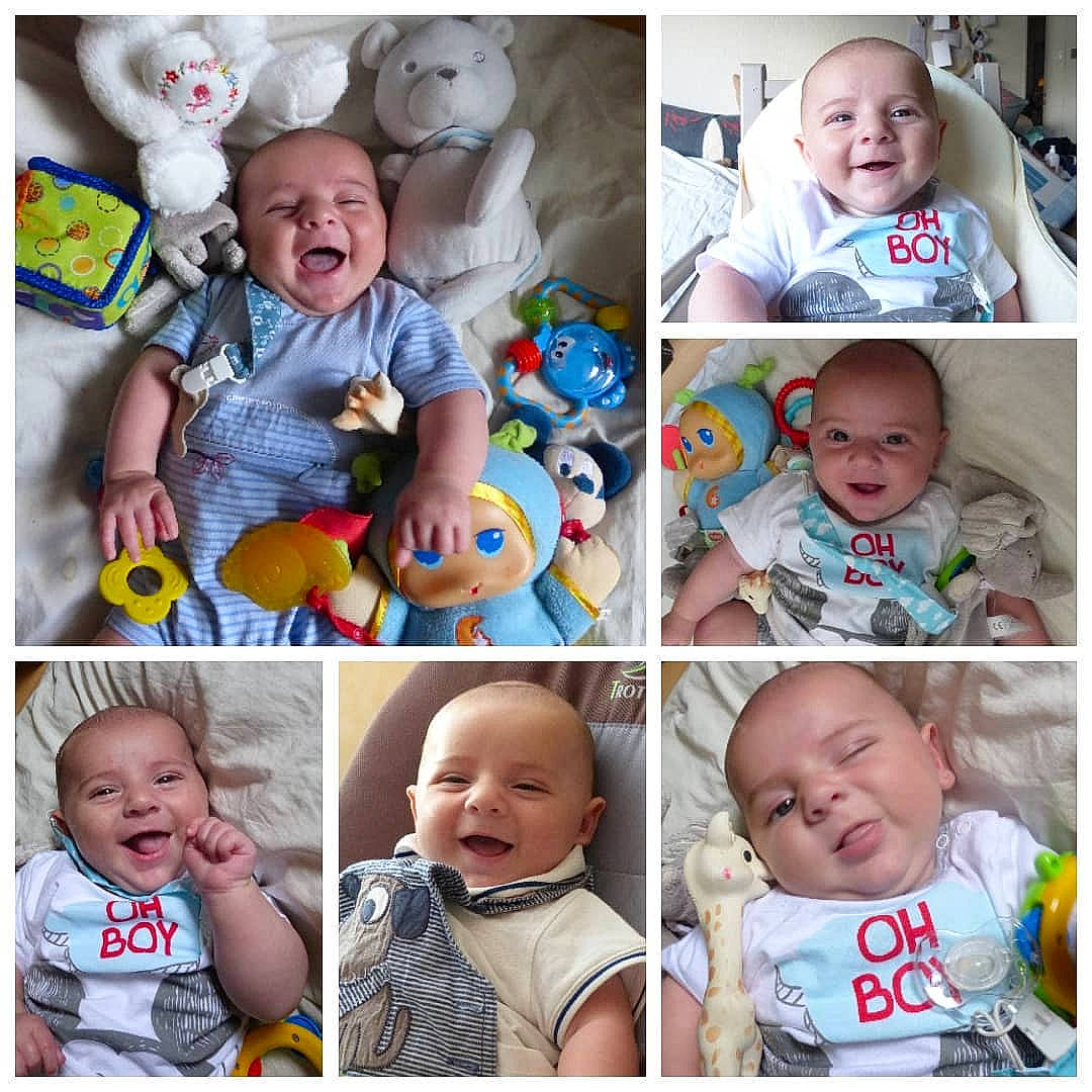 Emrys a rejoint le concours — aidez-le/la à gagner de superbes lots ! baby, baby_laughing, baby_making_funny_faces, child, collage, cousin, ear, face, facial_expression, family, head, human, joy, people, person, photo_caption, photograph, photography, photomontage, sibling