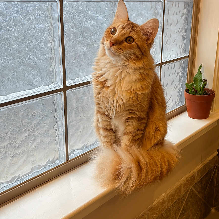 Rowdy joined the competition — help win amazing prizes! cat, orange_cat, fluffy_fur, windowsill, window, textured_glass, indoor, bathroom, potted_plant, plant, tiles, white_windowsill, curious, sitting, pet, feline, domestic_cat, cozy, natural_light, looking_up