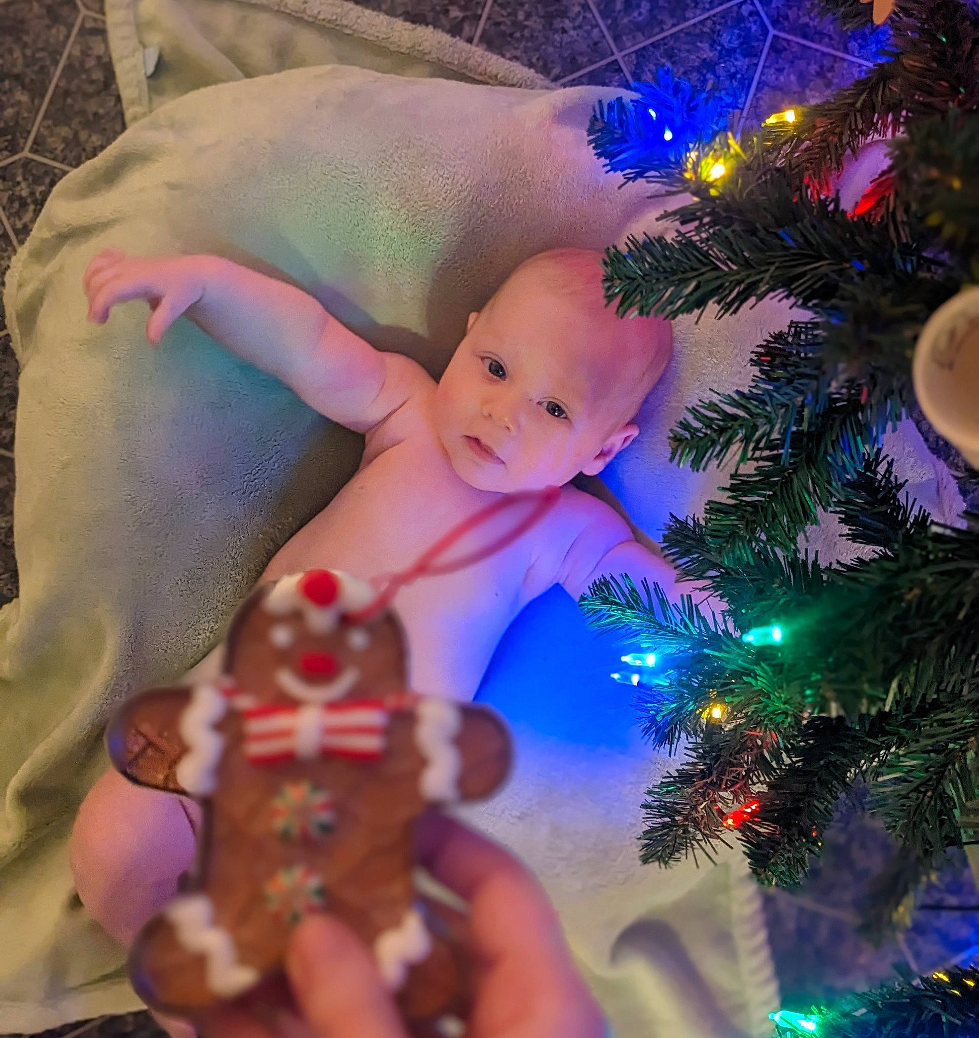 Dean is registered to the contest to win money with this photo: baby, christmas, christmas_decoration, christmas_eve, christmas_ornament, christmas_tree, conifer, doll, electric_blue, event, evergreen, happy, holiday, holiday_ornament, lap, light, ornament, person, plant, purple