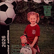 Gracie is registered to the contest to win money with this photo: child, girl, soccer, football, soccer_ball, sports, athlete, kneeling, smiling, portrait, outdoor, grass, red_shirt, pigtails, young_person, magazine, sports_magazine, headline, mvp, soccer_field