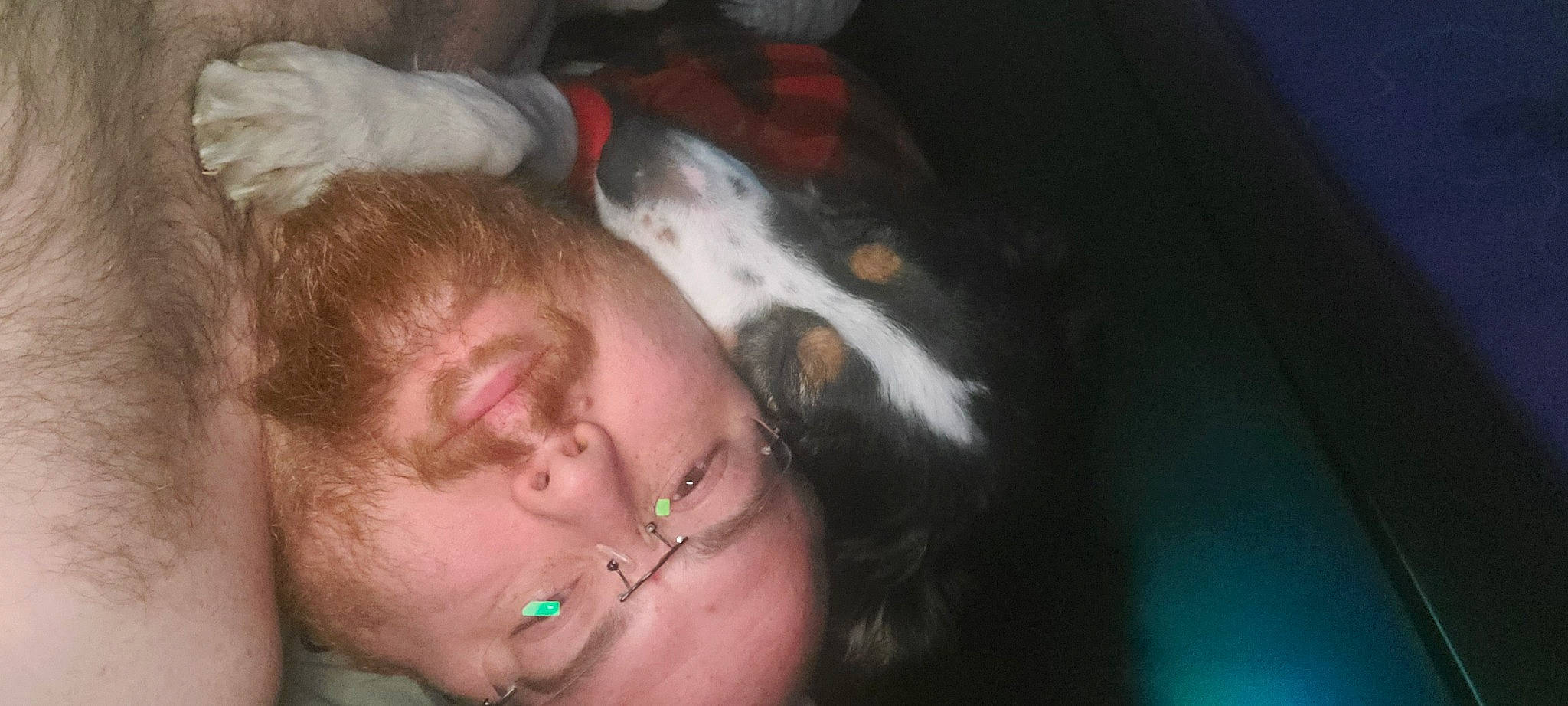 Hannah is registered to the contest to win money with this photo: beard, black_hair, chest, companion_dog, ear, eyelash, eyewear, facial_hair, fun, gesture, glasses, human_body, jaw, lip, mouth, nail, neck, nose, throat, vision_care