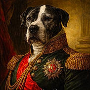 Yoda a rejoint le concours — aidez-le/la à gagner de superbes lots ! animal_portrait, artistic, canine, costume, decorative, detailed, dog, epaulettes, historical, indoors, majestic, medal, military_uniform, noble, old_style, painting_style, portrait, red_sash, regal, serious