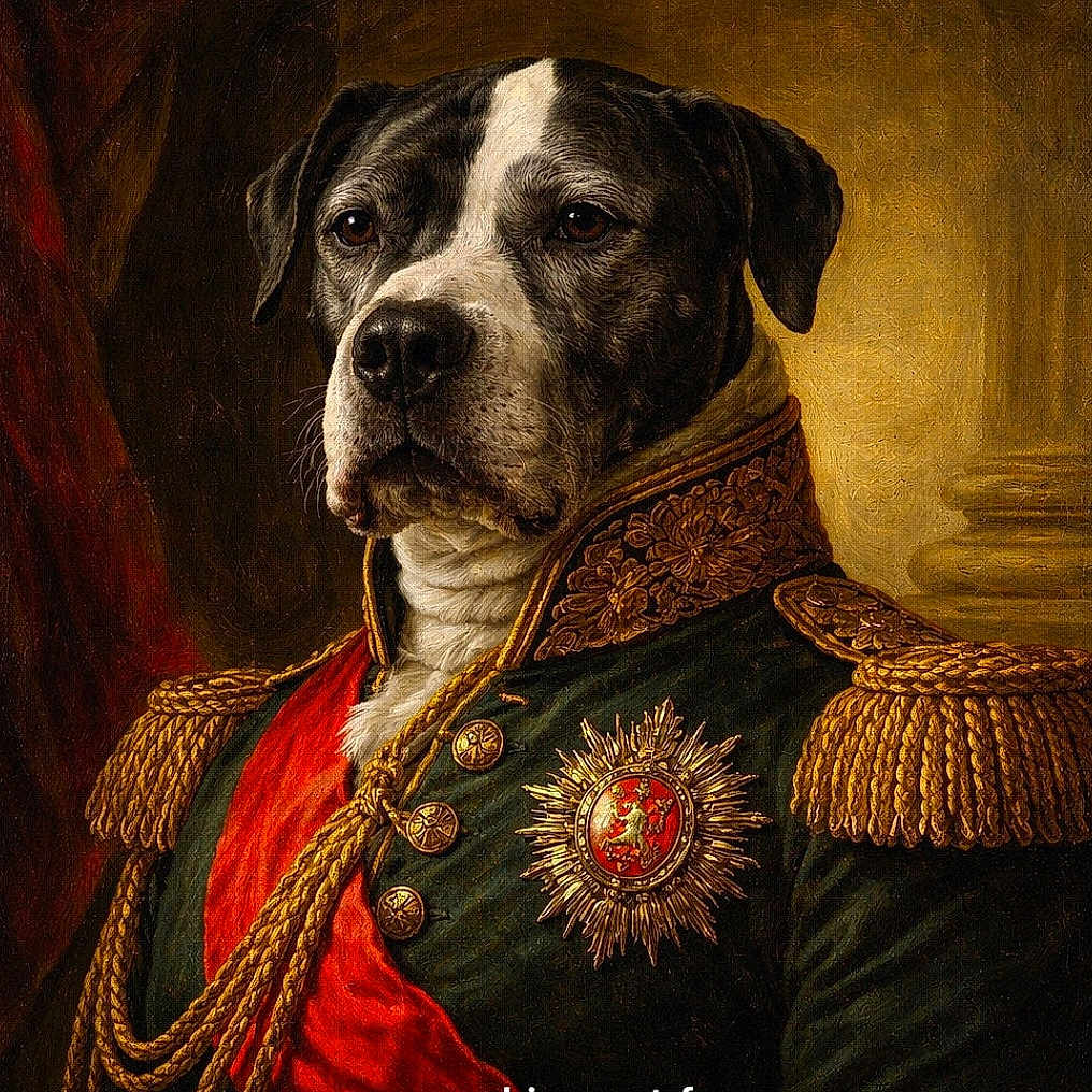 Yoda a rejoint le concours — aidez-le/la à gagner de superbes lots ! animal_portrait, artistic, canine, costume, decorative, detailed, dog, epaulettes, historical, indoors, majestic, medal, military_uniform, noble, old_style, painting_style, portrait, red_sash, regal, serious