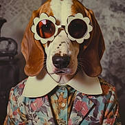 Bobby participe au concours pour gagner de l'argent avec cette photo : animal, basset_hound, brown_and_white, close_up, colorful, dog, face, fashion, floral_suit, formalwear, head, humorous, indoor, long_ears, patterned, portrait, posed, retro, sunglasses, vintage