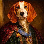 Bobby a rejoint le concours — aidez-le/la à gagner de superbes lots ! dog, beagle, portrait, royal_clothing, cape, medallion, historical_style, regal, brown_and_white, costume, noble, luxury, ornate, detailed, animal_portrait, classical, face, ears, expression, studio_lighting