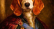Bobby a rejoint le concours — aidez-le/la à gagner de superbes lots ! animal_portrait, beagle, brown_and_white, cape, classical, costume, detailed, dog, ears, expression, face, historical_style, luxury, medallion, noble, ornate, portrait, regal, royal_clothing, studio_lighting