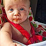 baby, blue_eyes, high_chair, red_strap, food_mess, reaching_hand, indoor, child, face, person, cute, infant, seat, messy, expression, closeup, skin, hair, furniture, apple_pattern