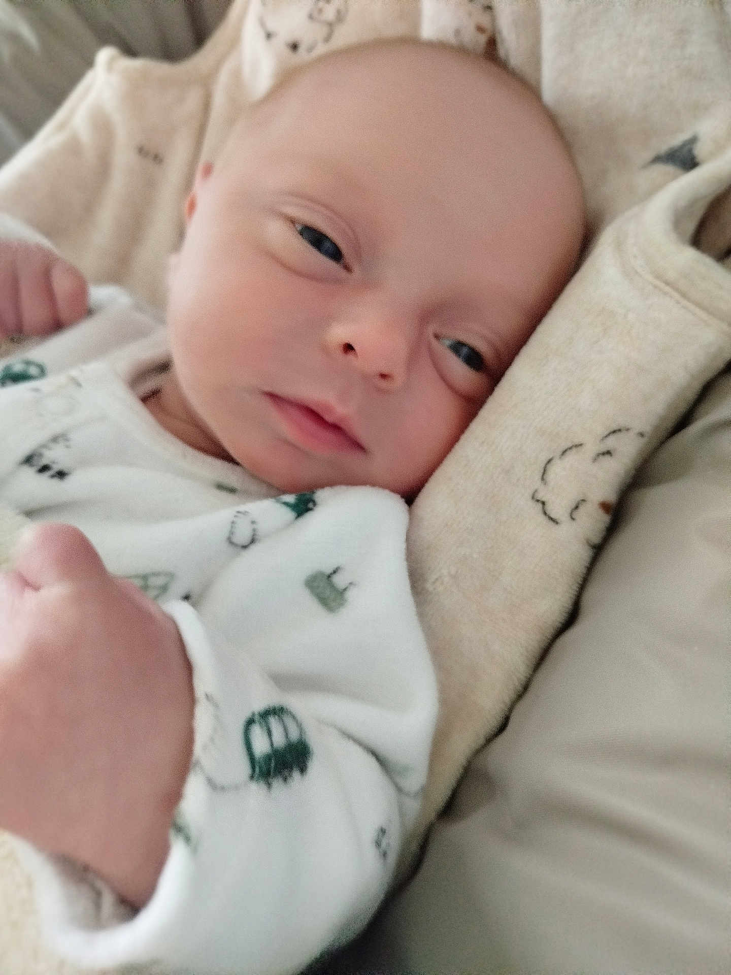 Mylana a rejoint le concours — aidez-le/la à gagner de superbes lots ! baby, newborn, infant, face, blanket, sleepy, cozy, soft, pillow, clothing, white_outfit, green_prints, closeup, resting, peaceful, cute, skin, head, hand, indoors