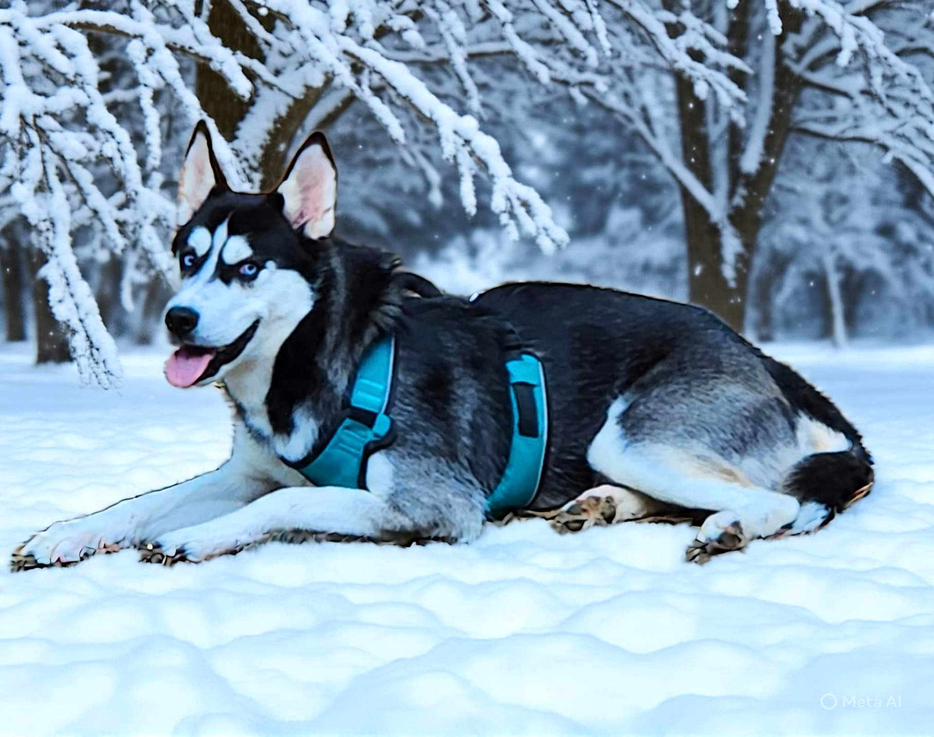Koda is registered to the contest to win money with this photo: dog, husky, snow, winter, outdoor, animal, canine, blue_eyes, harness, nature, forest, cold, laying_down, fur, pet, mammal, tree, snowy, tongue_out, landscape