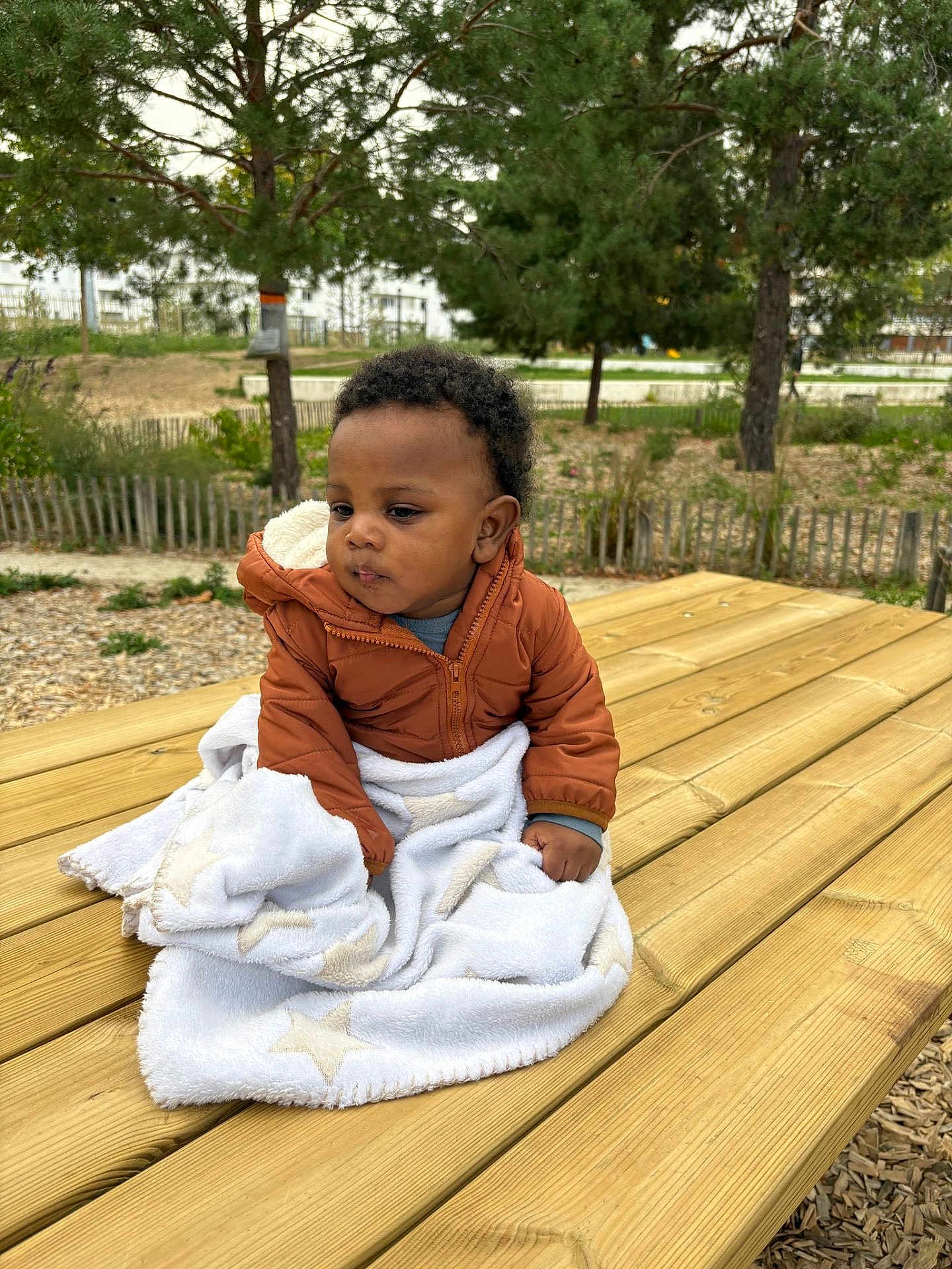 Khalil a rejoint le concours — aidez-le/la à gagner de superbes lots ! baby, child, outdoor, picnic_table, blanket, jacket, wood, nature, tree, greenery, park, fence, curly_hair, infant, seated, daylight, casual_clothing, expression, young, fall