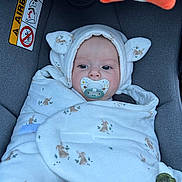 Mila a rejoint le concours — aidez-le/la à gagner de superbes lots ! baby, pacifier, blanket, car_seat, hood, ears, face, infant, child, sitting, cute, wrapped, fabric, pattern, safety, warning_sign, indoor, comfort, calm, closeup