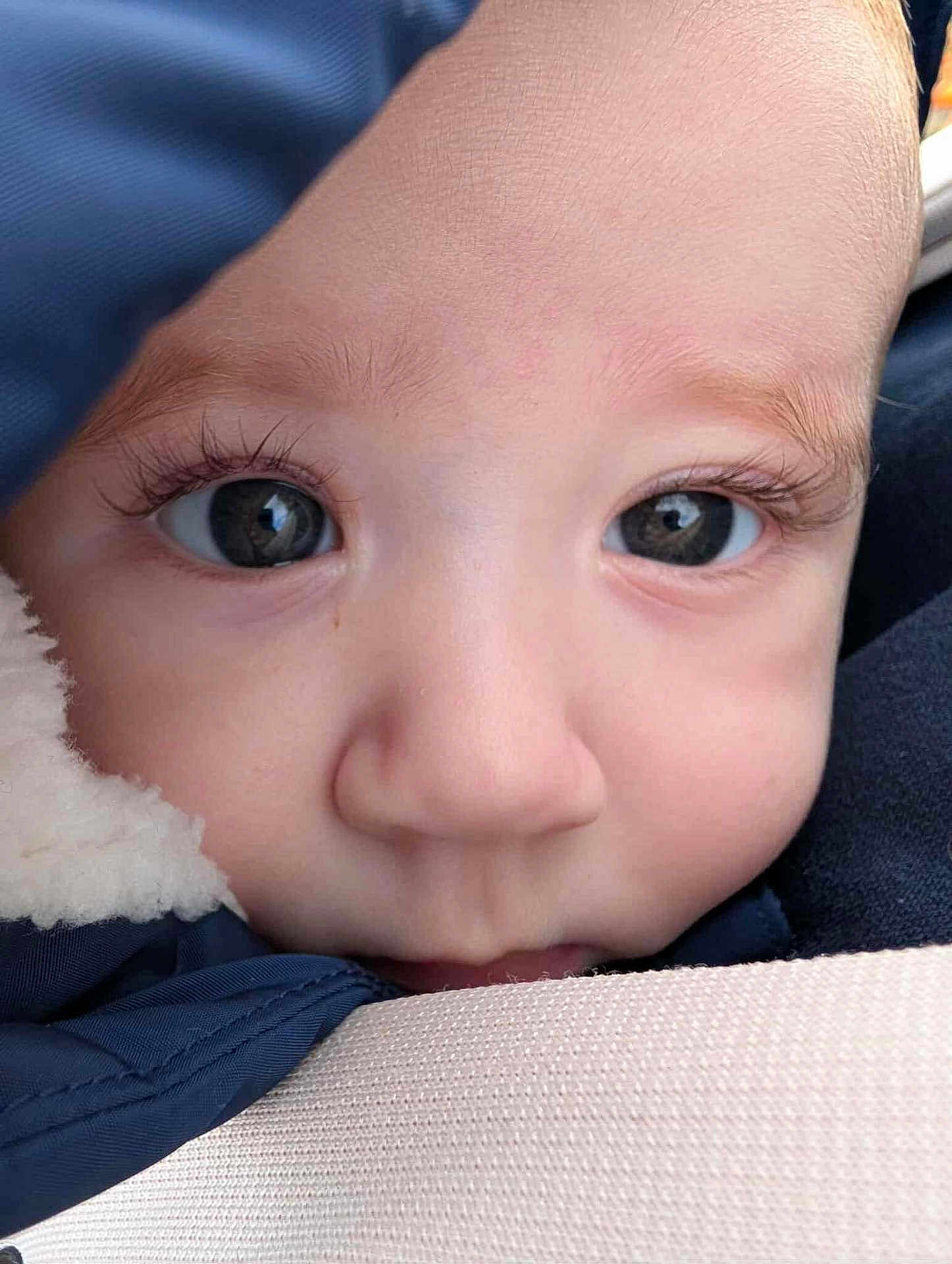 Arthur is registered to the contest to win money with this photo: baby, close_up, face, eyes, infant, child, winter_clothing, warm, cute, skin, eyelashes, nose, soft, portrait, young, person, expression, hood, fabric, innocence