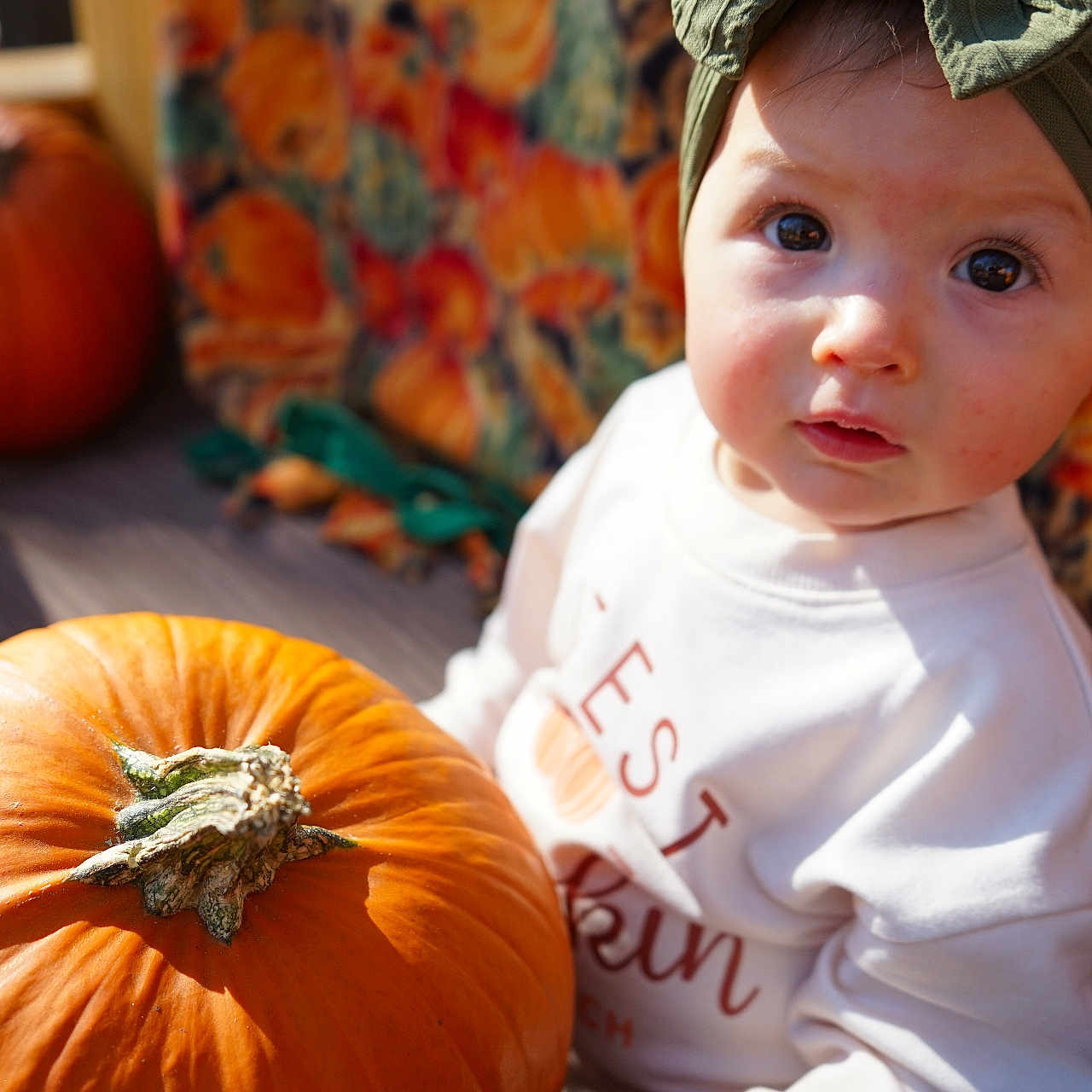 Elaina joined the competition — help win amazing prizes! baby, bodypart, cap, clothing, couch, face, finger, food, furniture, hand, hat, head, person, photography, plant, portrait, produce, pumpkin, squash, vegetable