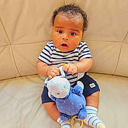 Sebastien-Michel a rejoint le concours — aidez-le/la à gagner de superbes lots ! baby, child, toy, blue_bunny, striped_shirt, navy_shorts, socks, couch, beige, curly_hair, sitting, indoor, cute, infant, plush_toy, person, young_child, expression, holding, soft_toy