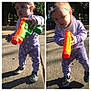 Riot is registered to the contest to win money with this photo: toddler, child, toy_gun, outdoor, sunlight, playful, pajamas, polka_dot, shoes, sidewalk, trees, headband, person, standing, daylight, casual_clothing, baby, cute, young_child, playtime