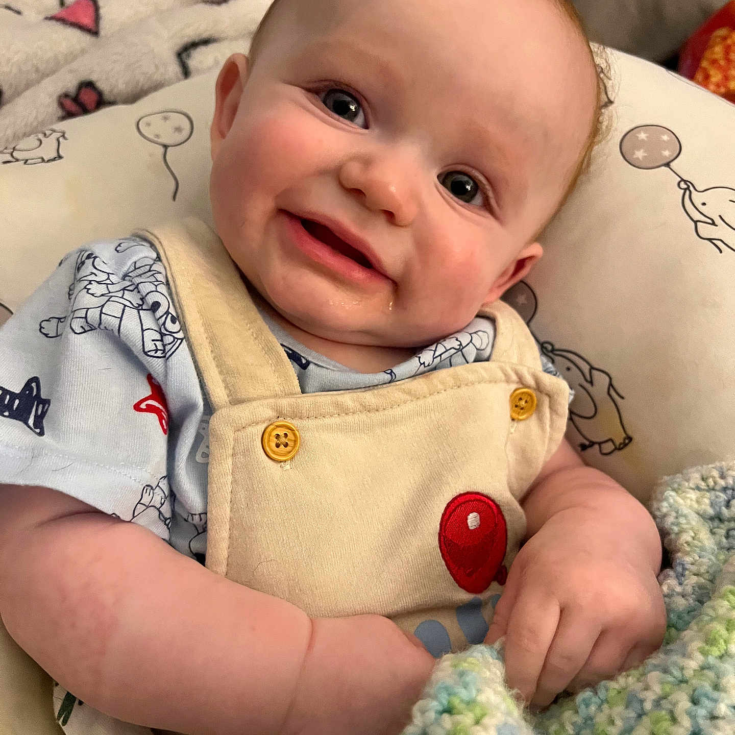 Matteo Peter Noel is registered to the contest to win money with this photo: baby, balloon, balloon_patch, blanket, child, clothing, cozy, cushion, cute, drool, elephant, eyes, face, hand, indoor, infant, overalls, pattern, smile, soft