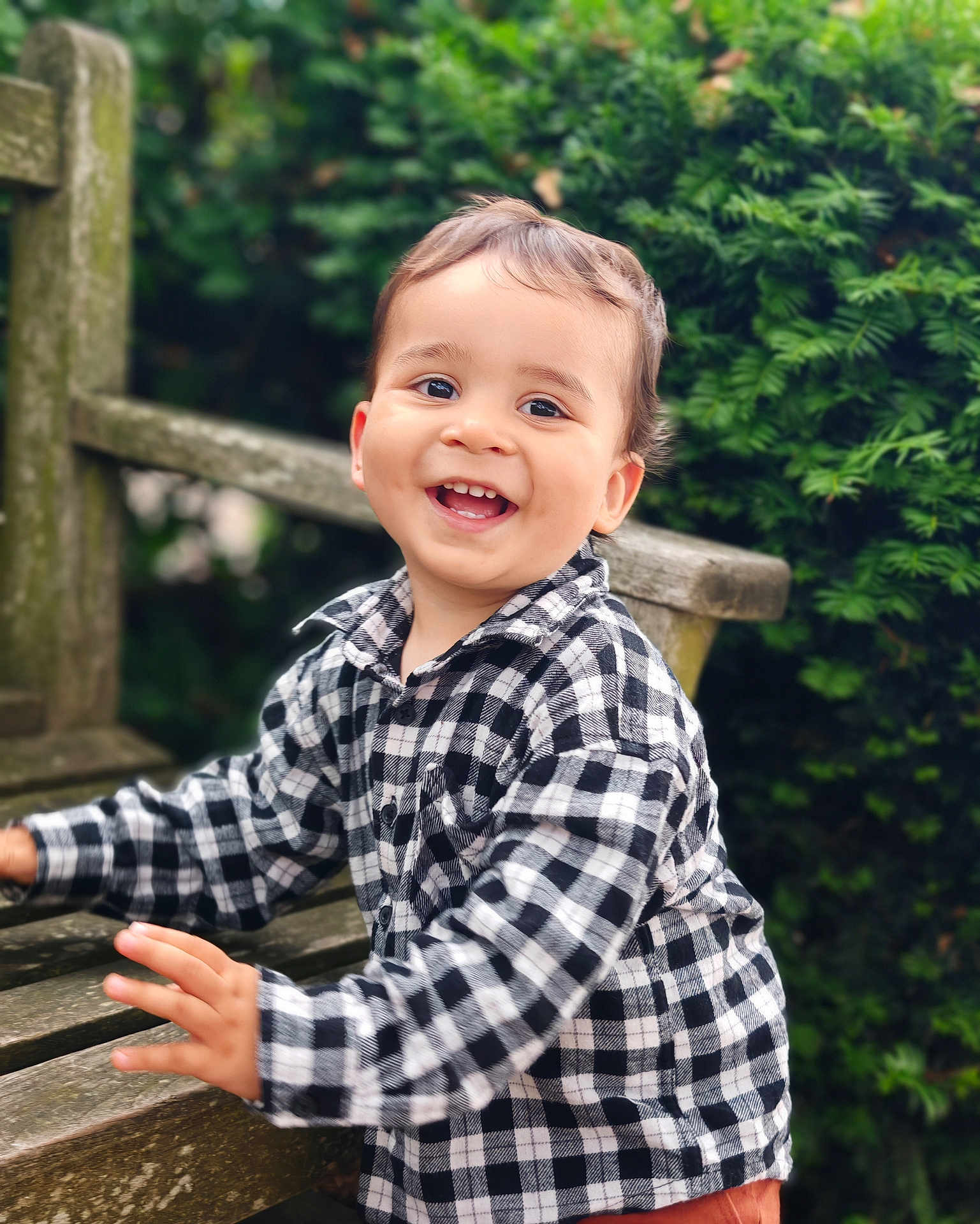Kevin is registered to the contest to win money with this photo: toddler, child, smiling, happy, outdoor, bench, wood, greenery, foliage, plaid_shirt, portrait, nature, cute, young_child, person, casual_clothing, daylight, park, laughing, joyful