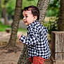 Kevin joined the competition — help win amazing prizes! toddler, child, outdoor, tree, plaid_shirt, pants, side_view, curious, nature, greenery, young_child, casual_clothing, portrait, standing, park, daylight, smiling, person, cute, fall_fashion