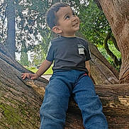 Kevin joined the competition — help win amazing prizes! adventure, black_tshirt, blue_pants, boy, casual_clothing, child, daylight, forest, greenery, happy, nature, outdoor, park, playful, portrait, smile, sneakers, tree, tree_branch, young