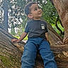 adventure, black_tshirt, blue_pants, boy, casual_clothing, child, daylight, forest, greenery, happy, nature, outdoor, park, playful, portrait, smile, sneakers, tree, tree_branch, young