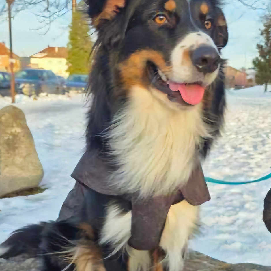Uno a rejoint le concours — aidez-le/la à gagner de superbes lots ! animal, canine, cold, daylight, dog, ears, fur, happy, leash, nature, outdoor, park, pet, rock, sitting, sky, snow, tongue_out, tree, winter