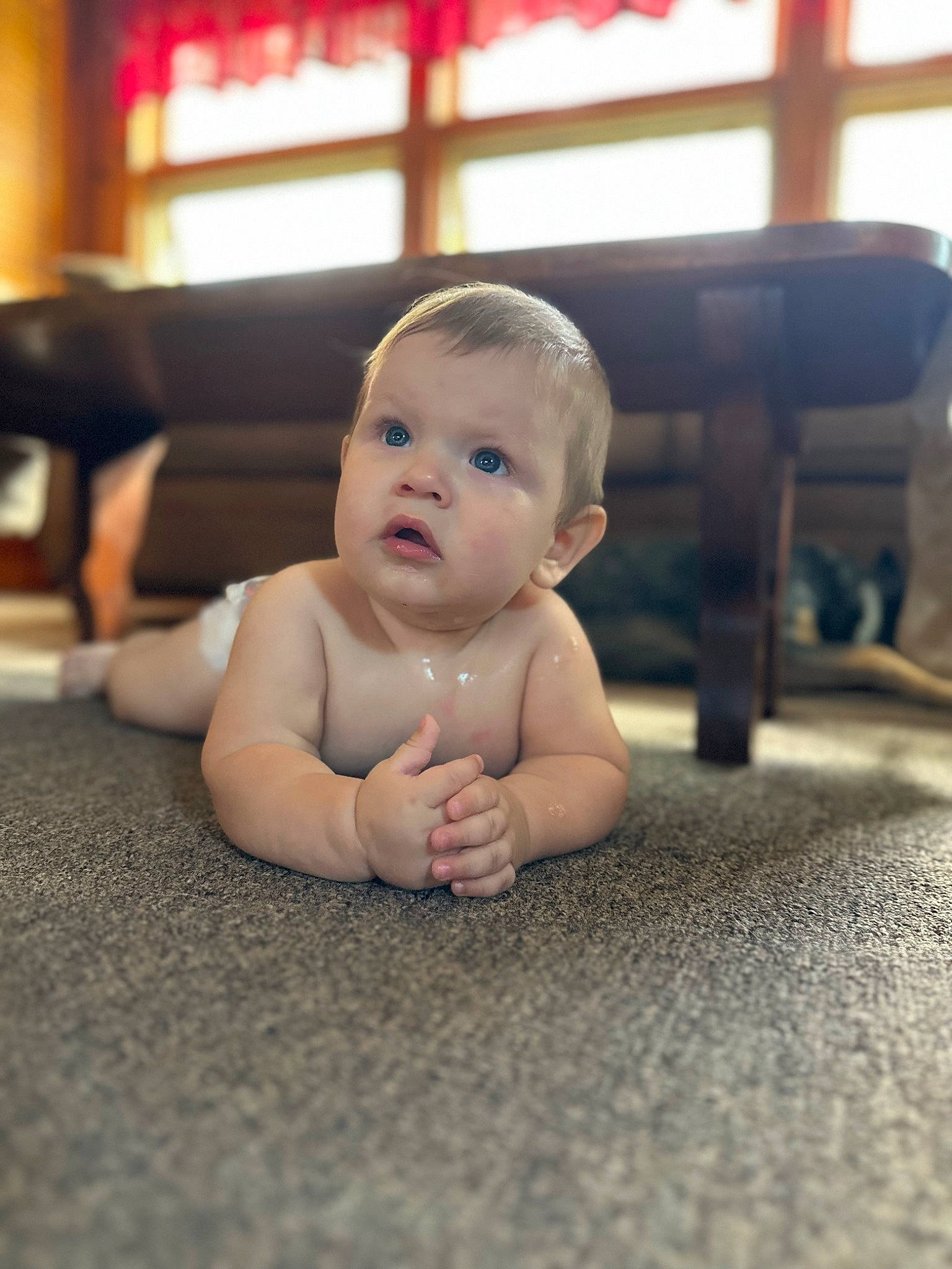 Jason joined the competition — help win amazing prizes! baby, baby_toddler_clothing, cheek, chest, comfort, crawling, eye, face, floor, flooring, foot, hardwood, head, human_body, human_leg, lip, nose, person, surprise, thumb