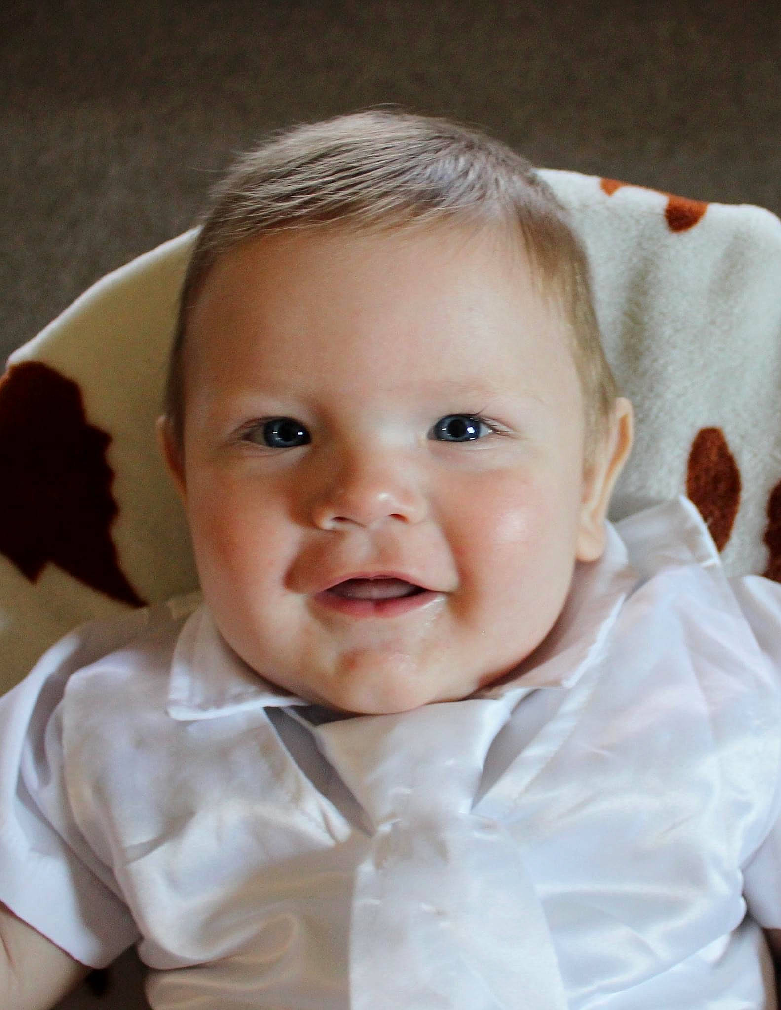 Jason joined the competition — help win amazing prizes! baby, baby_toddler_clothing, blond, cheek, child, collar, comfort, dress_shirt, eye, eyelash, face, happy, iris, linens, lip, person, sitting, skin, sleeve, smile