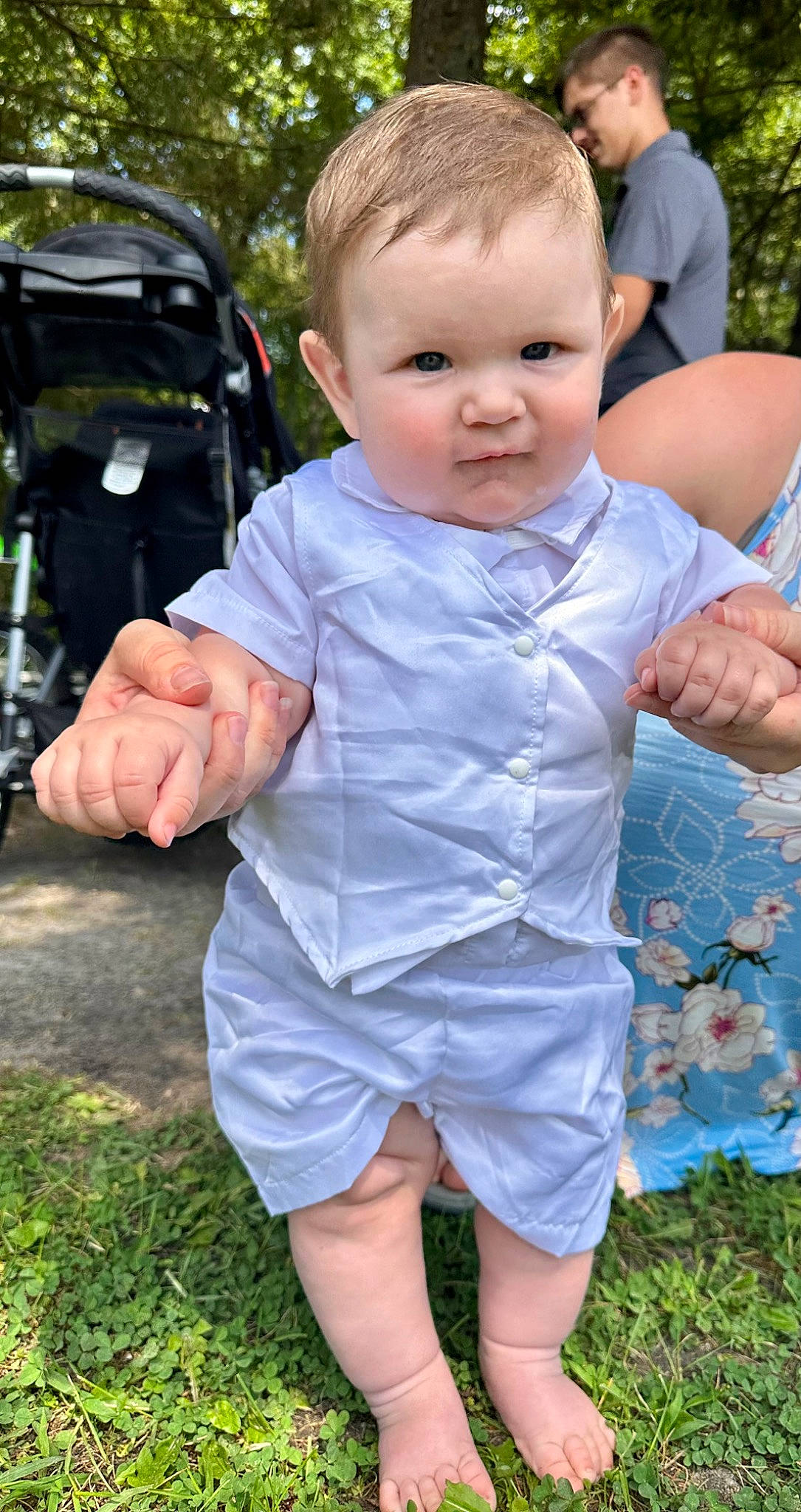 Jason joined the competition — help win amazing prizes! baby, baby_toddler_clothing, barefoot, child, fun, gesture, grass, green, happy, leisure, people_in_nature, person, plant, recreation, sitting, sleeve, t_shirt, thumb, toddler, tree