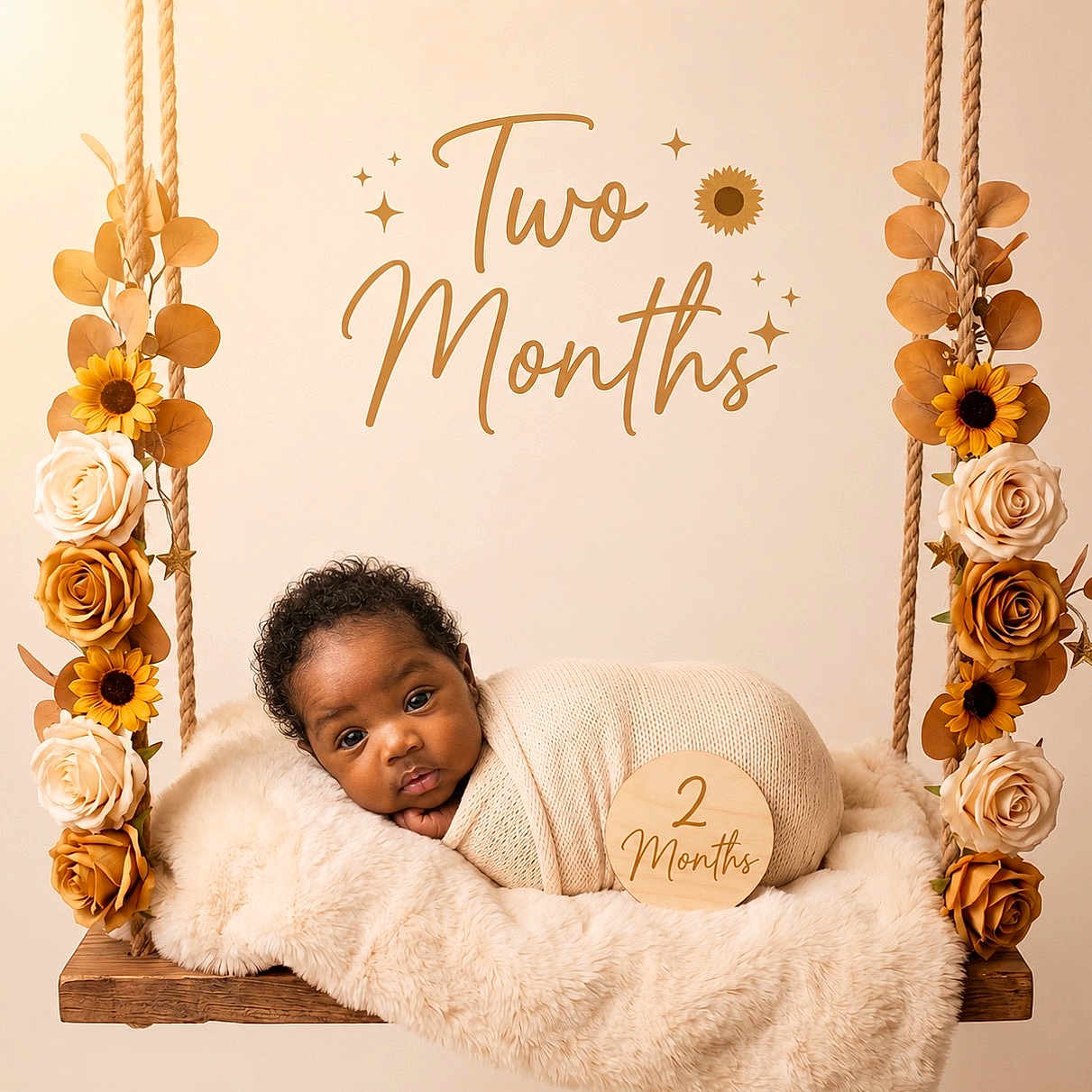 Rashad Sybren is registered to the contest to win money with this photo: baby, infant, wrapped, blanket, swing, wooden_swing, flowers, roses, sunflowers, fur, cushion, milestone, two_months, portrait, cute, child, decor, soft_lighting, indoor, celebration