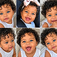 Rosalina joined the competition — help win amazing prizes! child, toddler, curly_hair, blue_eyes, smiling, happy, portrait, close_up, baby, cute, expression, white_dress, headband, car_seat, indoor, collage, face, person, skin, hair