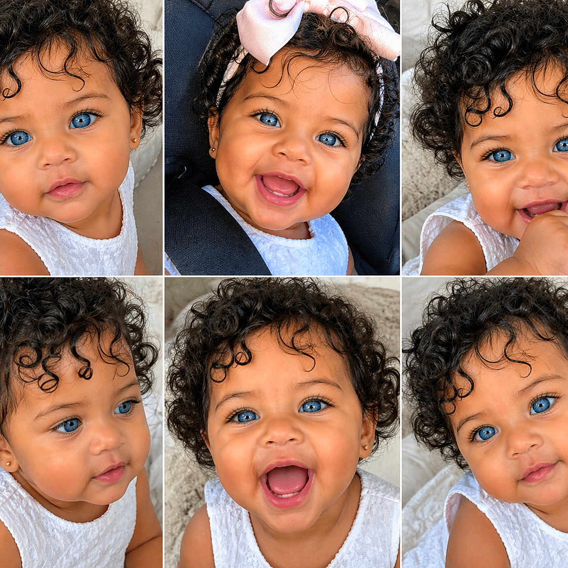 Rosalina joined the competition — help win amazing prizes! child, toddler, curly_hair, blue_eyes, smiling, happy, portrait, close_up, baby, cute, expression, white_dress, headband, car_seat, indoor, collage, face, person, skin, hair