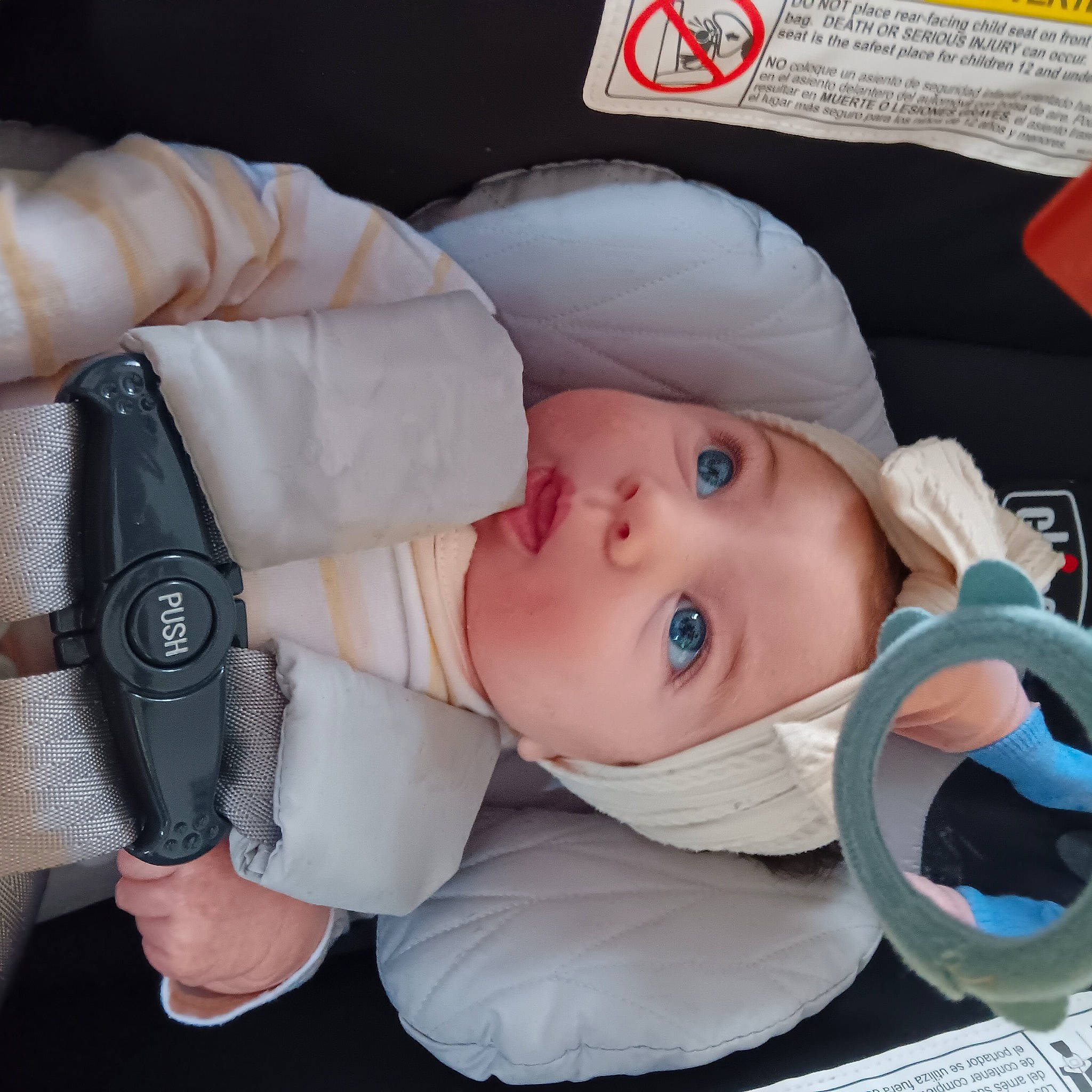 Madelyne joined the competition — help win amazing prizes! baby, baby_carriage, baby_in_car_seat, baby_products, baby_safety, baby_toddler_clothing, car_seat, cheek, child, comfort, hat, headgear, headwear, outerwear, person, product, skin, surprise, toddler