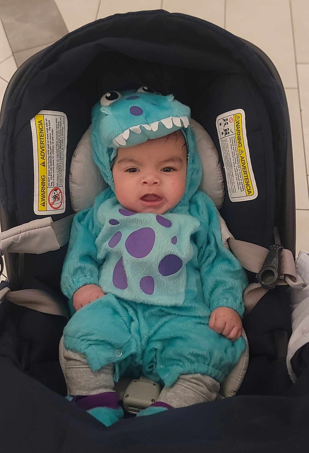 Jeremy joined the competition — help win amazing prizes! baby, child, costume, blue, purple_spots, car_seat, infant, cute, smiling, portrait, clothing, seatbelt, indoor, adorable, face, headwear, sitting, young_child, baby_clothes, expression
