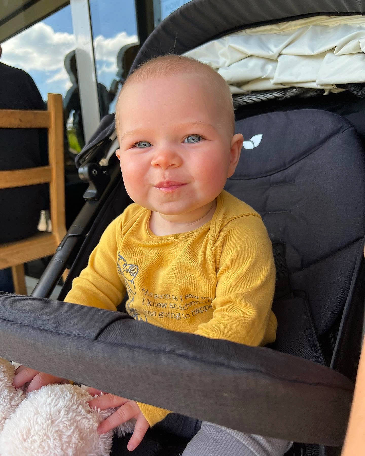 Ava-rose is registered to the contest to win money with this photo: auto_part, baby, baby_products, baby_toddler_clothing, car_seat, chair, cheek, child, chin, comfort, facial_expression, finger, fun, happy, iris, person, sitting, skin, sky, smile