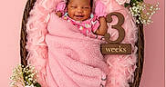 Layla joined the competition — help win amazing prizes! baby, newborn, pink_blanket, basket, flowers, roses, baby_breath, smiling, infant, cute, portrait, fluffy, cozy, wooden_sign, pink_background, wrapped, sleeping, cute_baby, decorative, soft_texture
