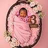 baby, newborn, pink_blanket, basket, flowers, roses, baby_breath, smiling, infant, cute, portrait, fluffy, cozy, wooden_sign, pink_background, wrapped, sleeping, cute_baby, decorative, soft_texture