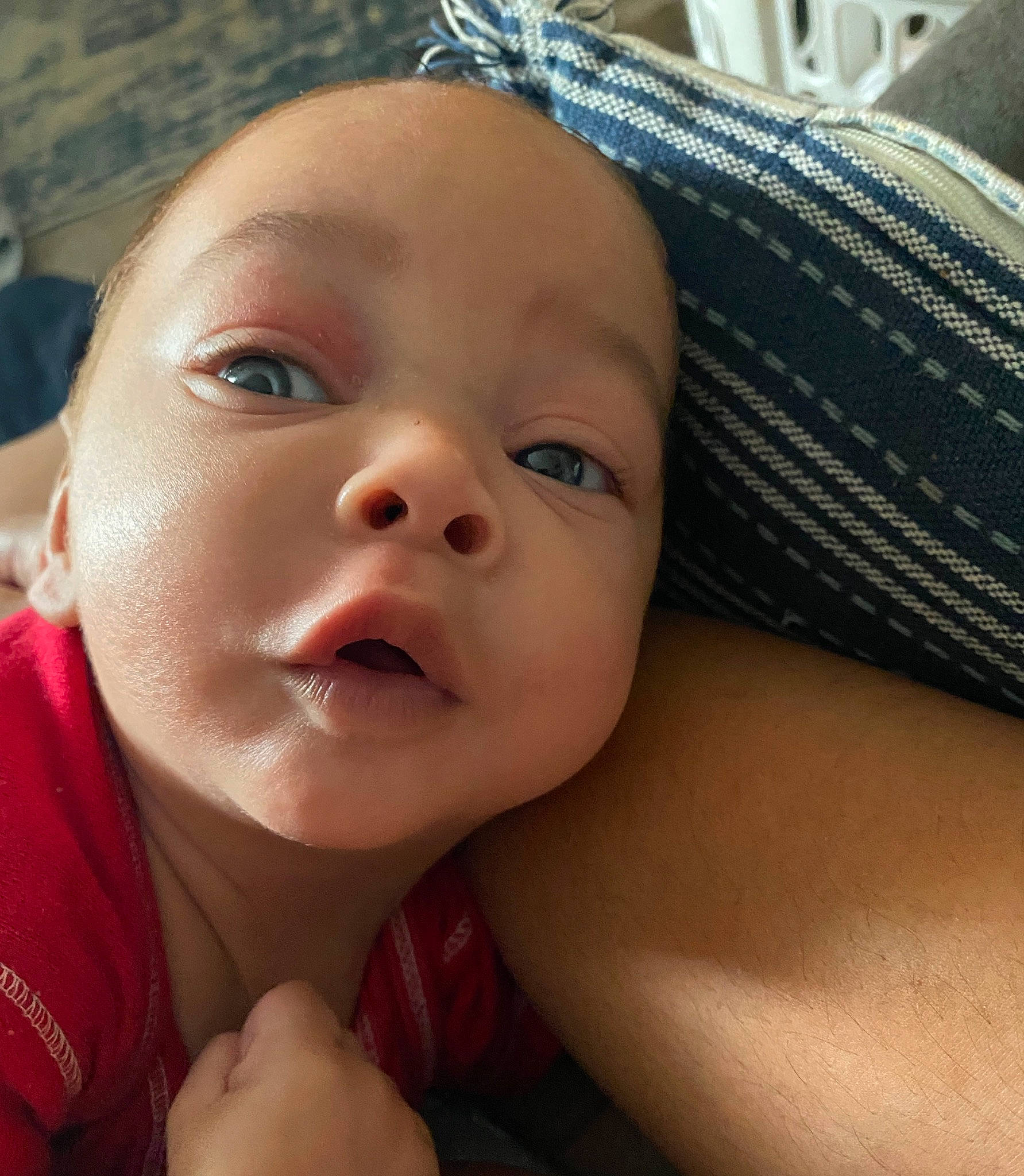 Michael is registered to the contest to win money with this photo: baby, cheek, chest, close_up, comfort, ear, eyebrow, eyelash, finger, fun, gesture, happy, iris, lip, mouth, nail, nose, person, skin, thumb