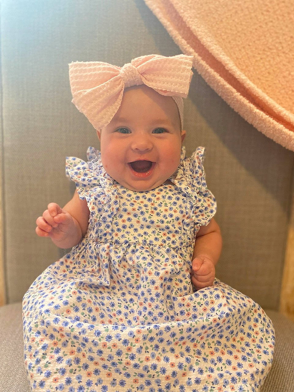 Sutton joined the competition — help win amazing prizes! baby, baby_toddler_clothing, child, costume_hat, face, fashion_accessory, fun, happy, hat, headgear, headwear, joy, linens, pattern, peach, person, pink, skin, sleeve, smile