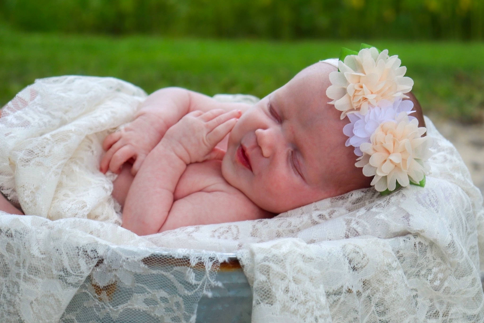 Houston is registered to the contest to win money with this photo: baby, baby_toddler_clothing, child, comfort, fashion_accessory, flower, grass, hair_accessory, hand, happy, headband, headgear, headpiece, headwear, jewellery, meadow, people_in_nature, person, petal, plant