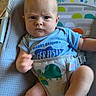 Dean joined the competition — help win amazing prizes! baby, child, infant, portrait, sitting, bouncer, baby_seat, blue_shirt, clothing, serious_expression, face, hands, feet, rainbow, animals, elephant, monkey, colorful, indoor, wooden_floor