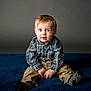 baby, child, plaid_shirt, khaki_pants, socks, blue_blanket, gray_background, sitting, portrait, indoor, curious_expression, hands, face, eyes, young_child, person, clothing, studio, cute, photography